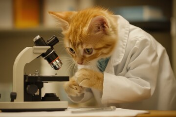 Ginger Kitten Scientist Examining Specimen Under Microscope in Lab Coat Close Up Funny Animal Portrait