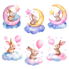 Bunnies are sitting on a cloud and holding balloons, bunnies are sitting on the moon and holding a star - vector watercolor  illustrations for Babyshower for girls, for birthday