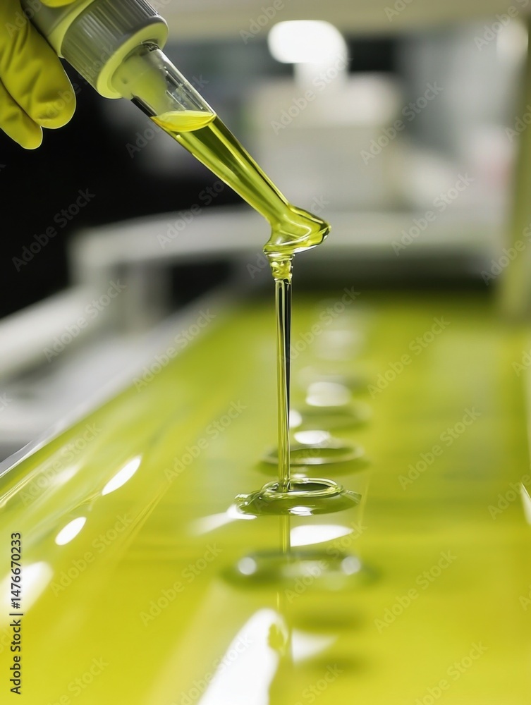 Poster pipette dispensing yellow liquid in laboratory setting close up science experiment research analysis