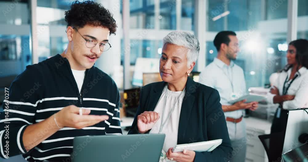 Poster Man, manager and developer on laptop in office for programming, IT training and software update. People, digital and discussion for website development, coding information and troubleshooting system