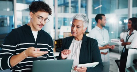 Man, manager and developer on laptop in office for programming, IT training and software update. People, digital and discussion for website development, coding information and troubleshooting system