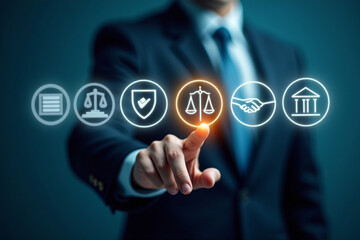 Legal Professional with Justice Icons. A suited legal professional touches virtual icons symbolizing law, justice, and legal services. business legislation, Notary public, legal advice online, Lawyer.