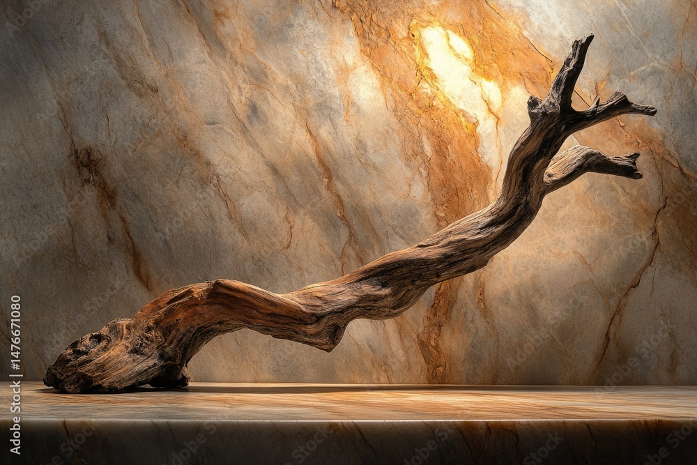 Poster a weathered, gnarled tree branch artfully displayed against a backdrop of marbled stone, creating a 