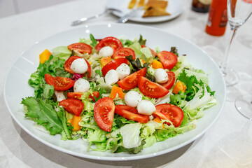 Healthy vegetarian salad with mixed greens, cherry tomatoes, and mozzarella balls, presented in a white bowl