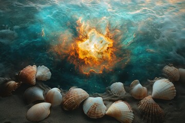 Seashells on a beach mirroring a vibrant nebula, a cosmic ocean scene.