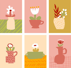A collection of six abstract modern art illustrations of cutout flowers in vases, minimalist design, pastel colors home decor vector posters