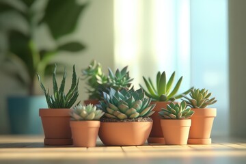 Fototapeta premium A collection of succulents in terracotta pots basking in sunlight near a window.