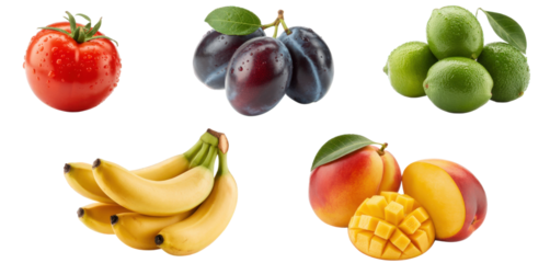 Fresh tomato, plums, limes, bananas, mango, nectarines isolated on transparent background