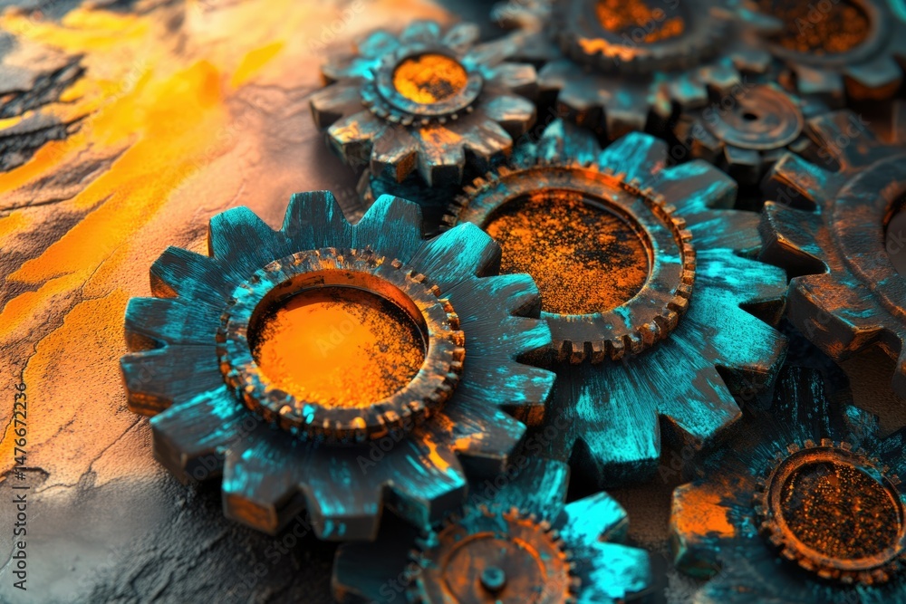 Poster intricate teal and orange gears interlock, creating a complex mechanical masterpiece.