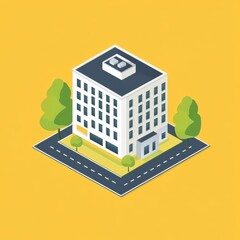 Naklejka premium Compact isometric white office building with road and green landscaping.