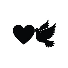 Black silhouette of a dove carrying a heart symbol on a white background