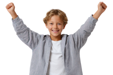 Youthful Triumph: A young boy radiates joy as he raises his arms in a gesture of celebration and accomplishment, reflecting the exhilaration of triumph and success.