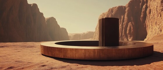 Minimalist Structure on Martian Landscape Abstract Compositional Shot of a Cylinder and Ring in Red Sandstone Desert Under a Hazy Sky