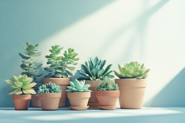 Fototapeta premium A collection of succulents in terracotta pots basking in sunlight against a serene blue wall.
