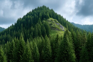Obraz premium Serene Evergreen Mountain: Lush Coniferous Forest Under Cloudy Skies