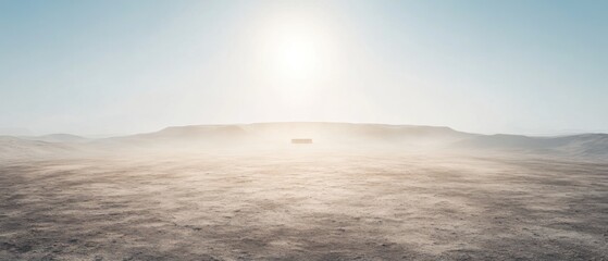 Fototapeta premium Distant Structure in Arid Landscape Under Bright Sky; Minimalist, Wide Angle, Desert Environment, Remote Location, Conceptual