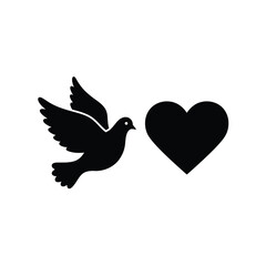 Black dove flying towards a heart symbolizing love and peace on white background