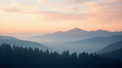 beautiful mountain landscape, foggy morning, dramatic sky with warm pastel colors, pine forest in foreground, silhouetted mountains in distance
