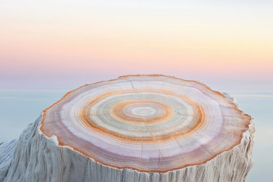 Pastel sunset over a serene sea, with a tree stump showcasing its colorful rings in the foreground.