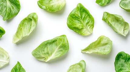 Obraz premium Fresh green baby lettuce leaves arranged in a seamless pattern on a white surface