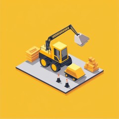 Obraz premium Isometric excavator and road construction scene with construction cones and materials