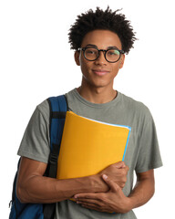 Young male student with backpack and folder isolated on transparent background
