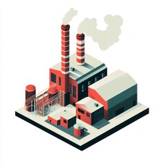 Industrial facility with multiple red chimneys emitting smoke, isometric view