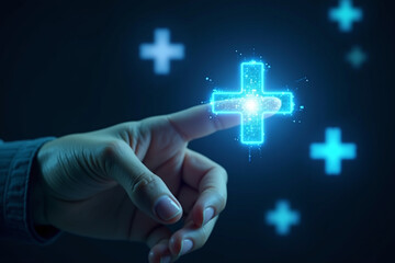 Businessman touching on virtual blue plus sign for positive thinking mindset or healthcare insurance symbol concept, Mental health care, mental rejuvenation.