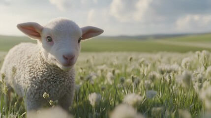 Obraz premium Fluffy White Lamb Exploring a Sunlit Meadow Surrounded by Flowers