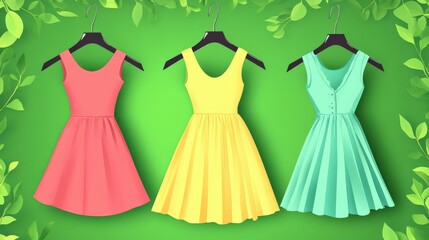 Colorful summer dresses on hangers surrounded by green leaves