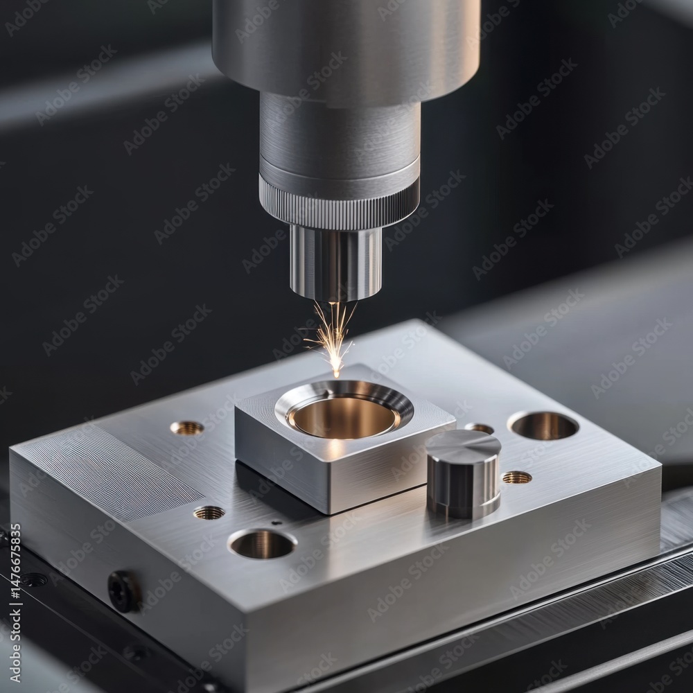 Poster close-up of metal part being laser cut by industrial machine in factory setting with sparks flying p