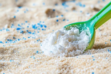 White powder substance on sand with a green plastic spoon