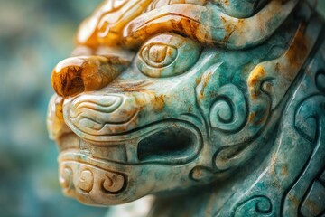 Intricate jade carving of a Chinese guardian lion, showcasing detailed craftsmanship and vibrant colors.