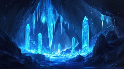 A glowing, crystalline cave's interior scene.
