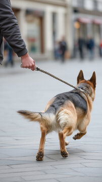 Side view of a dog lunging ahead on a taut leash, person's hand holding tight