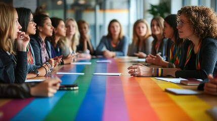 Fototapeta na wymiar Raised hand in business meeting with rainbow pride flag on table