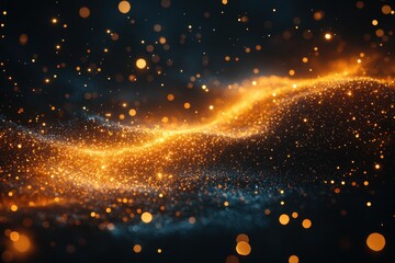 Bright cosmic landscape filled with shimmering golden particles and deep blue undertones