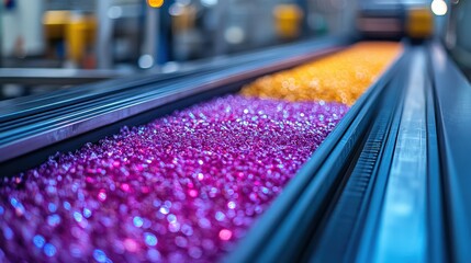 Colorful beads on a conveyor belt in a manufacturing setting