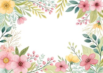 Delicate watercolor floral frame with pink and yellow flowers and leaves