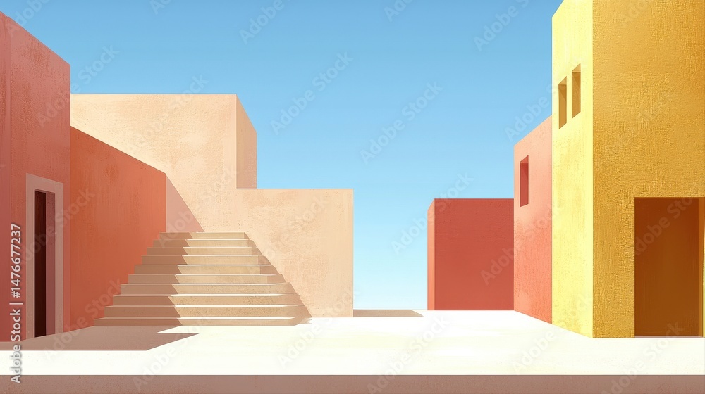 Poster geometric architecture showcases a sun-drenched courtyard with various building blocks rendered in p