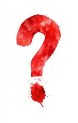 A vibrant red watercolor question mark on a white background.  The question mark is painted with a textured,  splashy effect