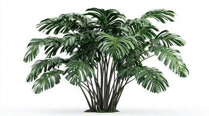Lush tropical plant cluster against a plain white background.