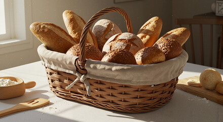 Freshly Baked Bread in a Woven Basket on a Kitchen Table  