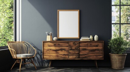 Modern interior design with a wooden sideboard and a wicker chair.
