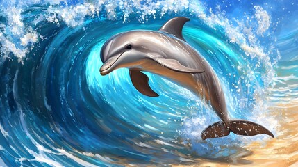 Fototapeta premium Graceful Dolphin Leaping Through Vivid Waves in Digital Art