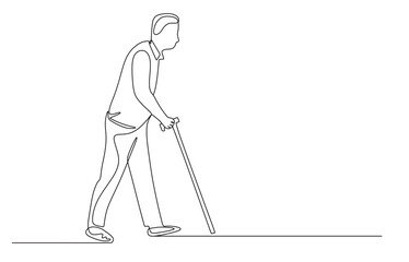 one continuous line of an old man walking with a stick. world elderly day, vector illustration