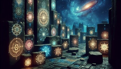 Mystical symbols and abstruse sacred geometry glowing on ancient stone tablets under a cosmic night sky