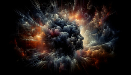 A dark surreal abstraction of a mind clouded by confusion, complexity, and overthinking in a mysterious atmosphere