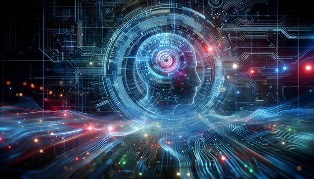 Futuristic AI neural network in abstruse digital form with data streams, encrypted patterns, and glowing circuits