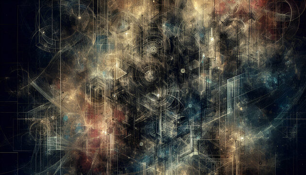 Highly complex abstract background with chaotic lines, faded text layers, and cryptic symbols on grungy texture